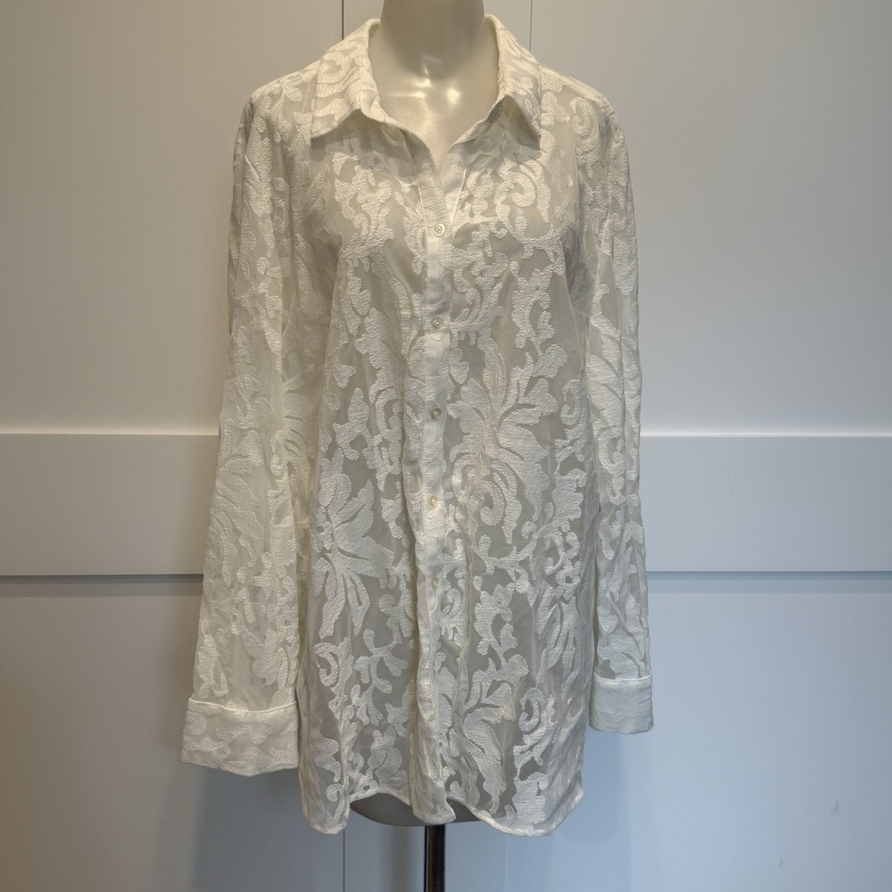 Chico's Sheer White Cotton Embroidered Blouse W/Camisole Romantic Boho Tunic Sz3